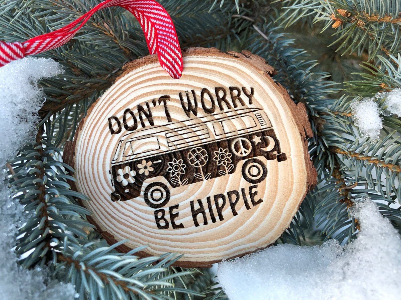 Wooden Christmas Ornament Don't Worry Be Hippie, VW Bus, Microbus, Volkswagen, Christmas Ornament, Aspen, Rustic Ornament, Hand Finished