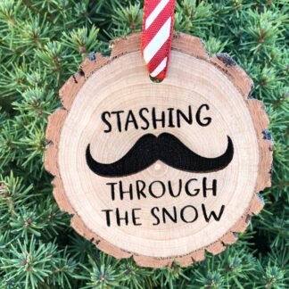 Wooden Christmas Ornament Stashing Through the Snow, Personalized Gift, Wood Slices, Mustache, Funny Christmas, Tom Seleck, Dashing