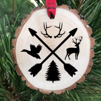 Hunting Badge Ornament, Deer, Elk, Duck, Goose, Buck, Doe, Camp, Antlers, Laser Engraved, Hunter, Bowhunting, Rifle, Free Personalization