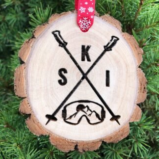 Ski Goggle Poles Wooden Slice Christmas Ornament, Ski Vacation Skier Boarder Gift Colorado, Alta, Utah, Vail, Keystone, Free Personalization