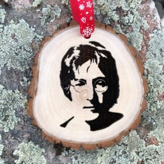 John Lennon Wooden Slice Christmas Ornament, Free Personalized Engraved Tribute for Beatles Fans, Imagine, War is Over, Happy Xmas, 60's Pop