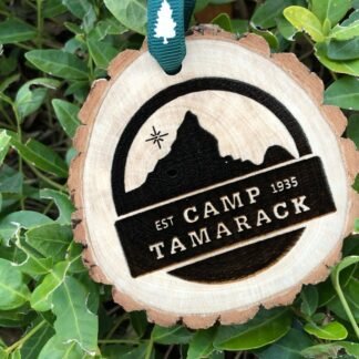 Camp Tamarack Live Edge Wooden Christmas Ornament, Sustainable Tree Slice, Handcrafted Forest, Summer Aspen Family Camp Sleepaway Camp, YMCA