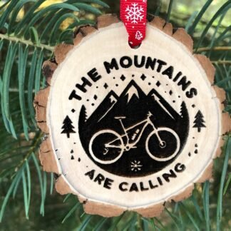 The Mountains Are Calling Wooden Mountain Bike Ornament, Cyclist Gift, Biker Art, Boyfriend, Snowy Peaks, Free Personalization