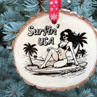 Surfin' USA Beach Themed Wooden Slice Christmas Ornament, Bikini Surfer, Santa Cruz, Huntington, Zuma, Muscle, La Jolla, Laguna, Carlsbad