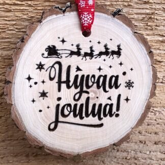Hyvää joulua! Wooden Finnish Christmas Ornament, Hyvaa Joulua, Good Christmas, Scandinavian, Finland, Suomi, Land of the thousand lakes