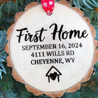 First Home Wooden Christmas Ornament, New Home Gift, Realtor, New Home, SVG, Personalized Address, Housewarming, Move In Souvenir, Engraved