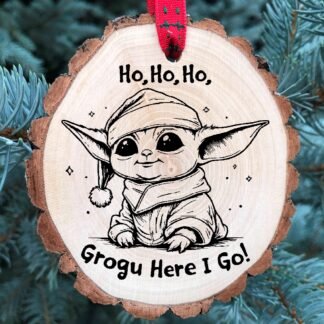 Baby Yoda Ho Ho Ho Grogu Here We Go, Wooden Slice Christmas Ornament, Star Wars, Mandalorian, Child, Christmas Merry, Free Personalization