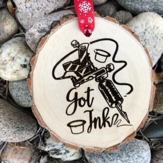 Got Ink Tattoo Themed Wooden Christmas Ornament, Tat, Peace Symbol, Airbrush, Wood Slice, Laser Engraved, Free Personalization