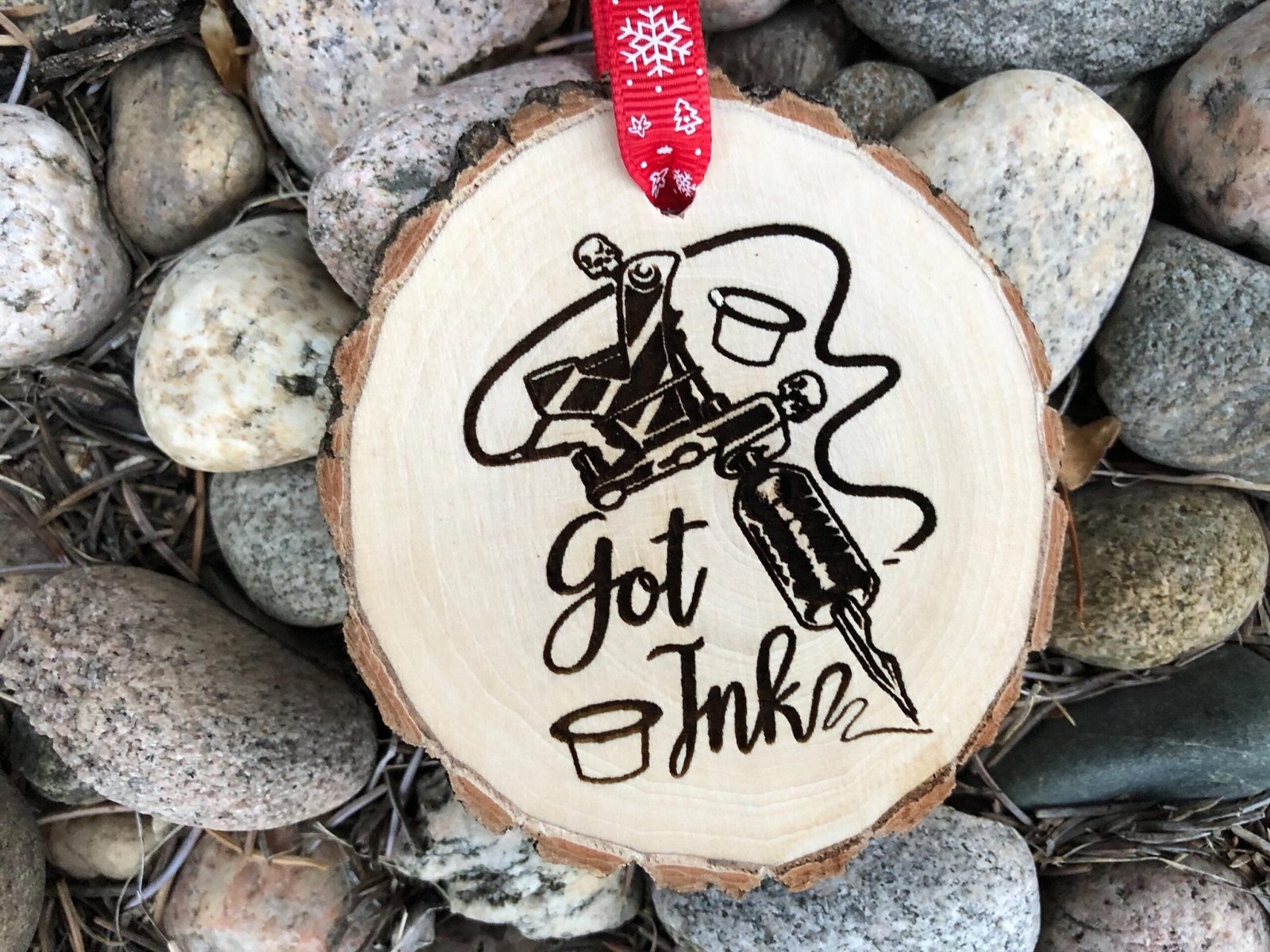 Got Ink Tattoo Themed Wooden Christmas Ornament, Tat, Peace Symbol, Airbrush, Wood Slice, Laser Engraved, Free Personalization